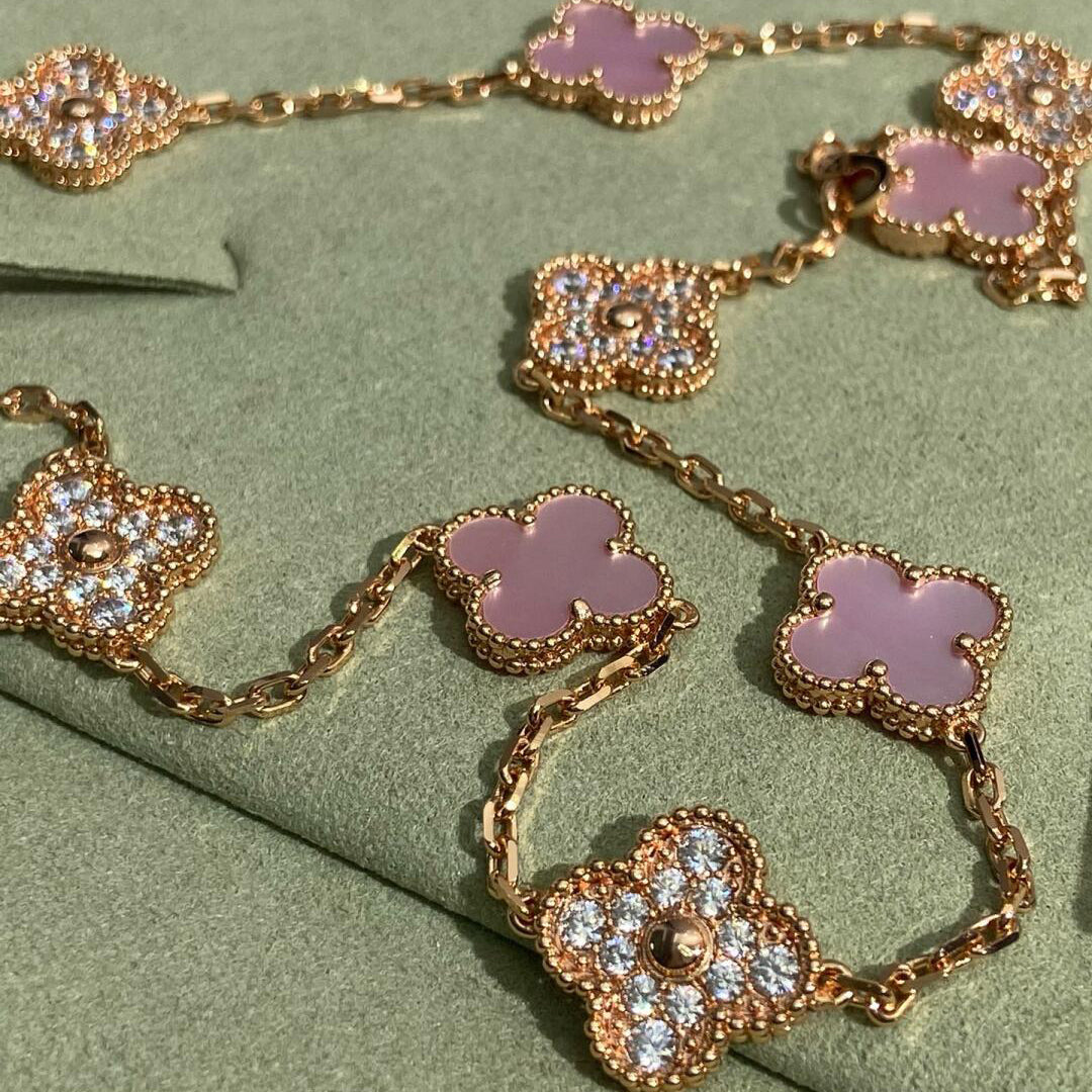 [LORA]CLOVER 10 MOTIFS DIAMOND PINK MOP NECKLACE