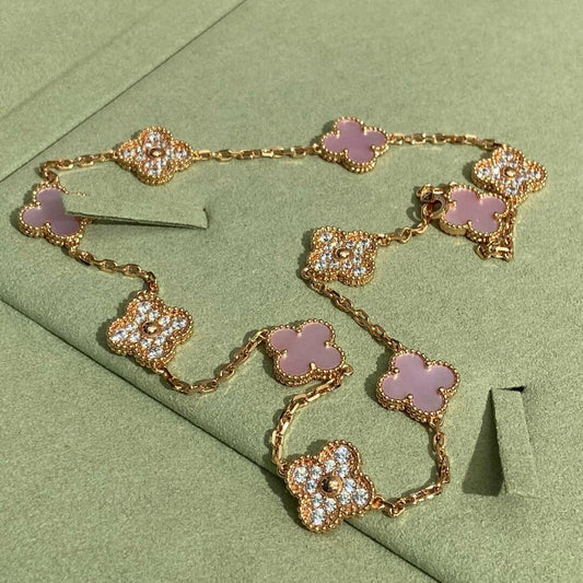 [LORA]CLOVER 10 MOTIFS DIAMOND PINK MOP NECKLACE