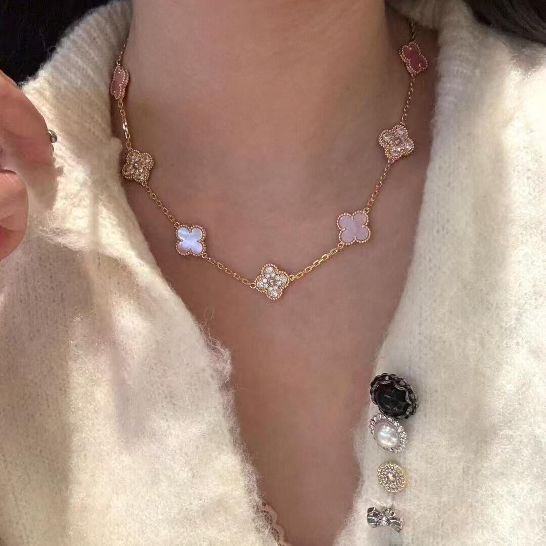 [LORA]CLOVER 10 MOTIFS DIAMOND PINK MOP NECKLACE