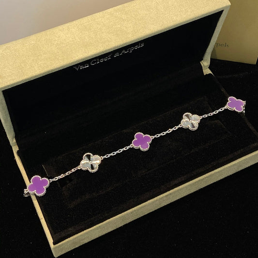[LORA]CLOVER  5 MOTIFS  PURPLE VIOLET BRACELET SILVER