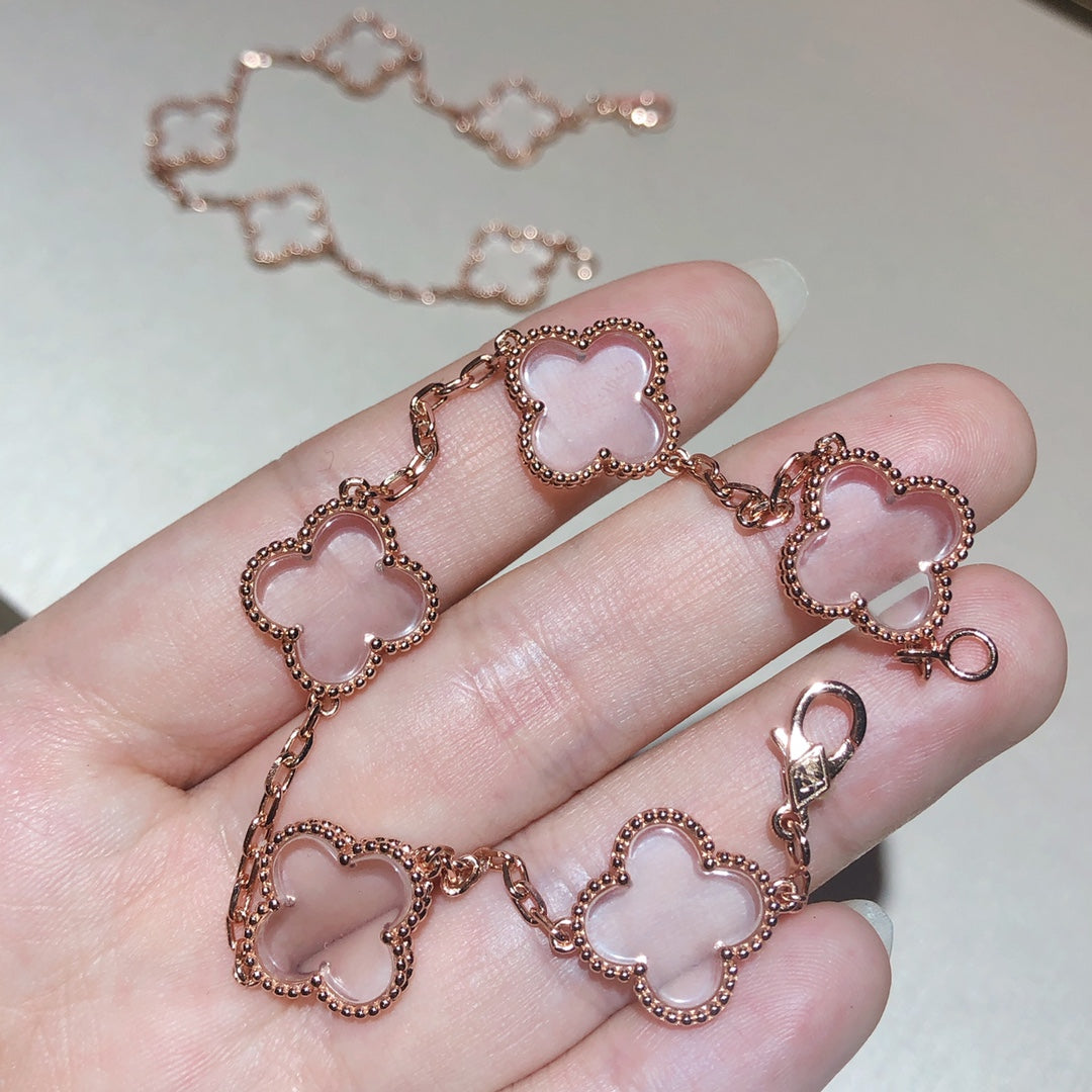 [LORA]CLOVER 5 MOTIF ROCK CRYSTAL PINK GOLD BRACELET