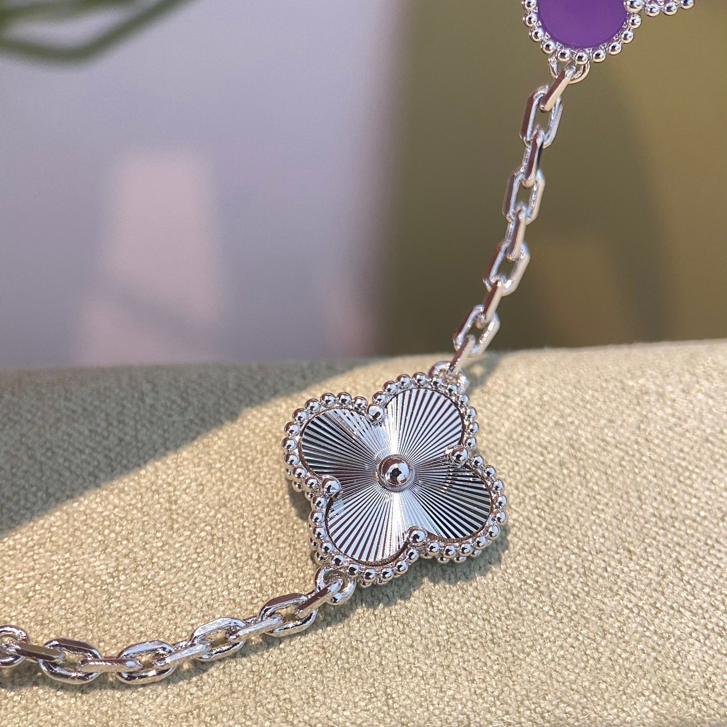 [LORA]CLOVER  5 MOTIFS  PURPLE VIOLET BRACELET SILVER
