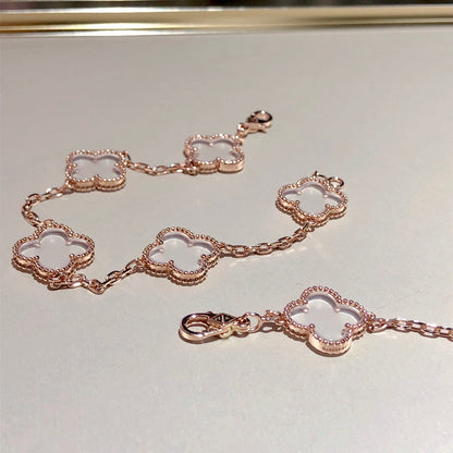 [LORA]CLOVER 5 MOTIF ROCK CRYSTAL PINK GOLD BRACELET