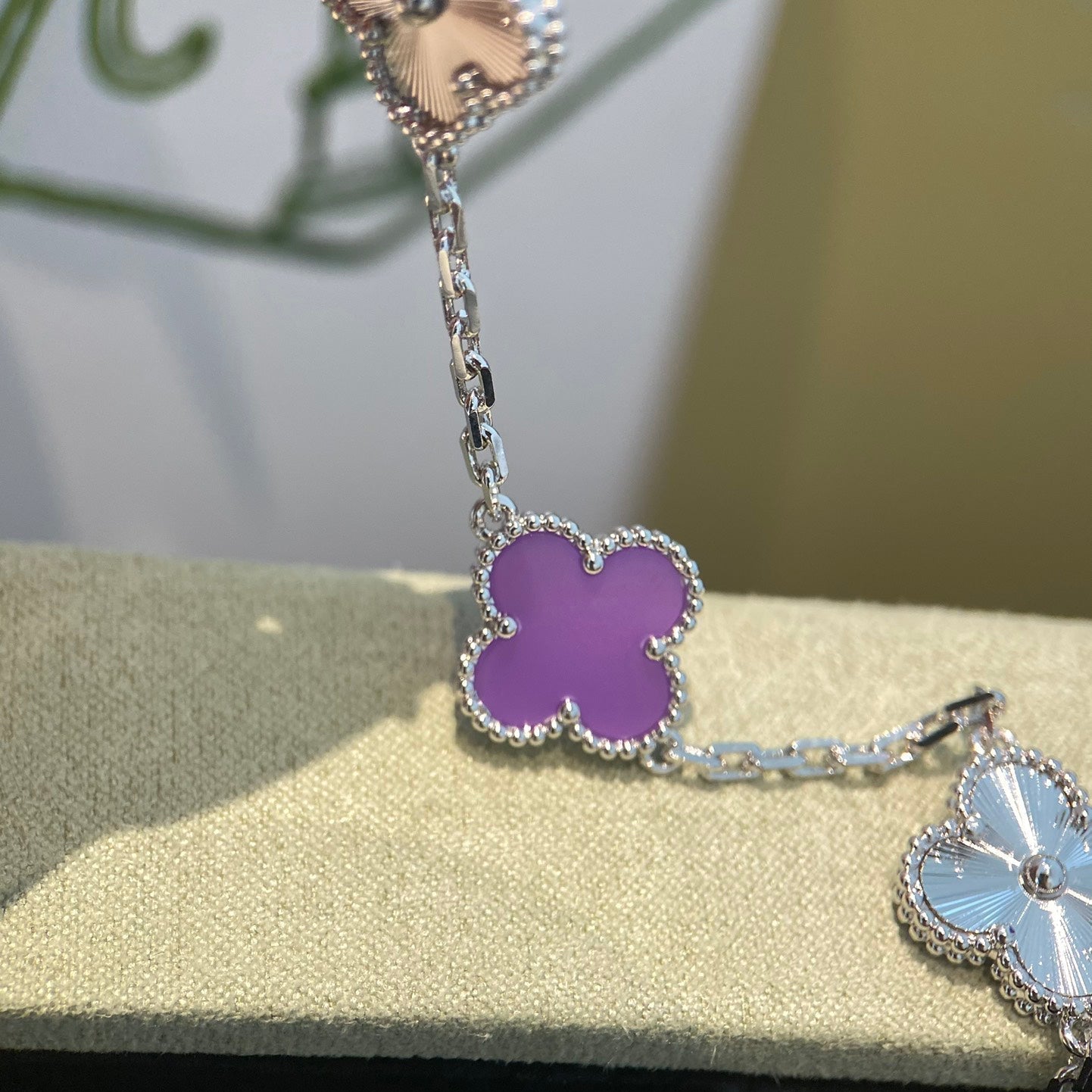 [LORA]CLOVER  5 MOTIFS  PURPLE VIOLET BRACELET SILVER