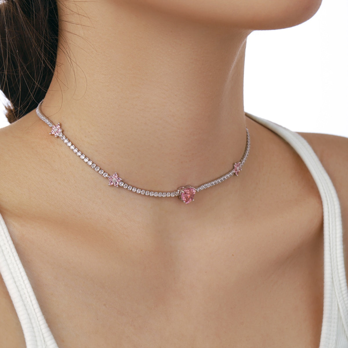 [LORA]Dazzling Pink Heart Flower Necklace