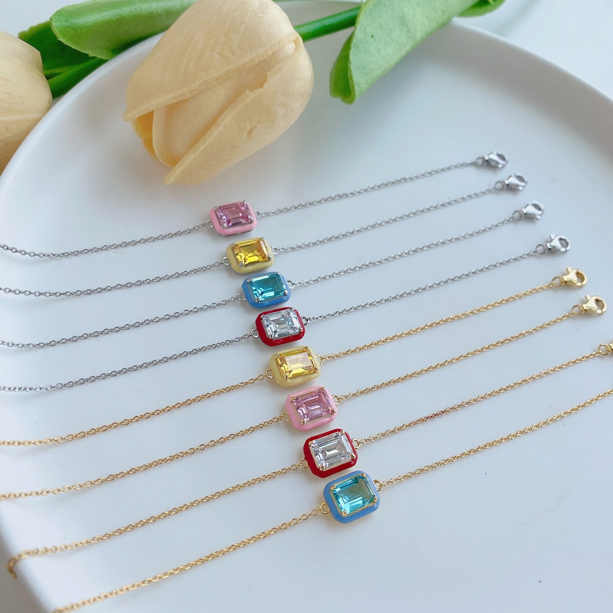 [LORA]2.0 Carat Sparkling Colorful Emerald Cut Daily Bracelet