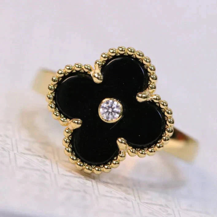 [LORA]CLOVER ONYX RING GOLD DIAMOND