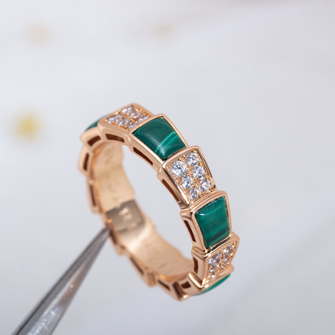 [LORA]SERPENTI RING PINK GOLD MALACHITE DIAMOND PAVED 4MM