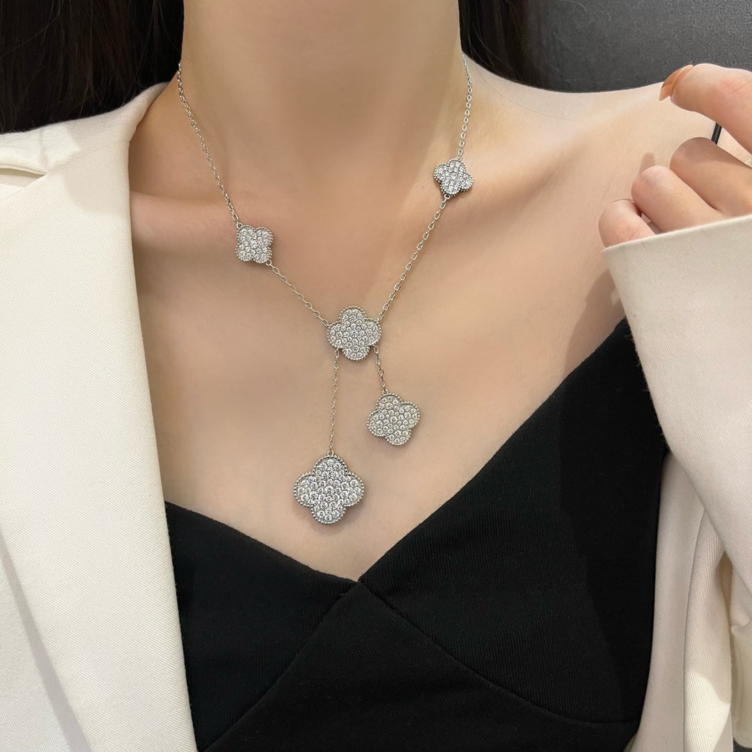 [Lora]CLOVER 5 MOTIFS SILVER DIAMONDS NECKLACE