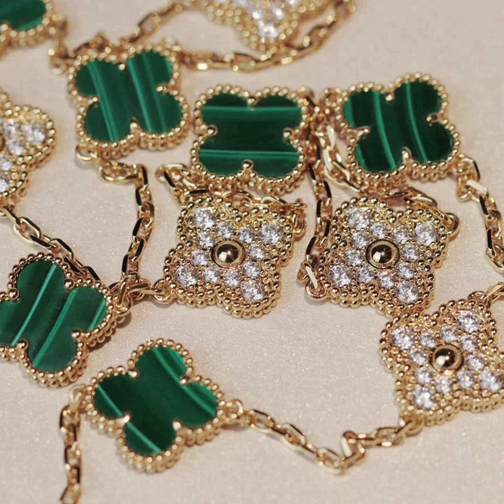 [Lora]CLOVER 20 MOTIFS MALACHITE DIAMOND NECKLACE