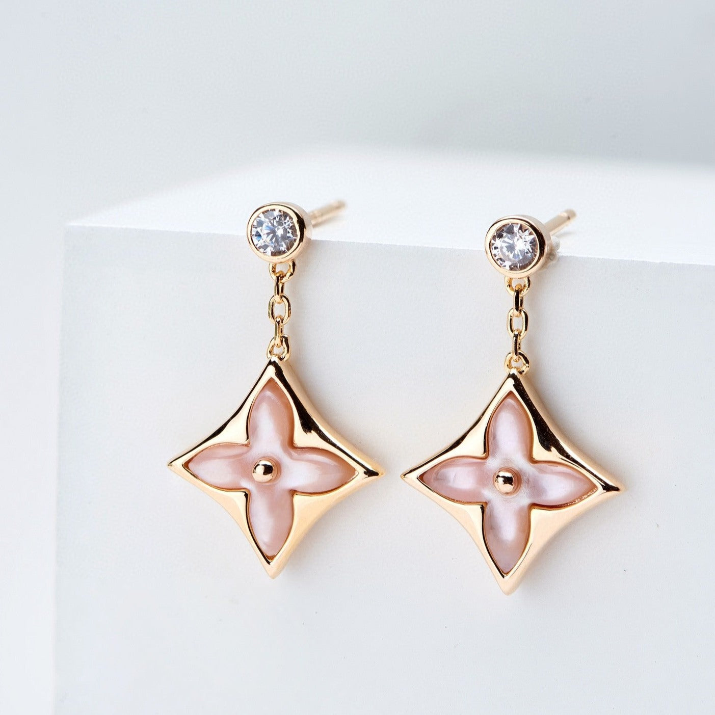 [LORA]DOUBLE STAR PINK GOLD MOP DROP EARRINGS