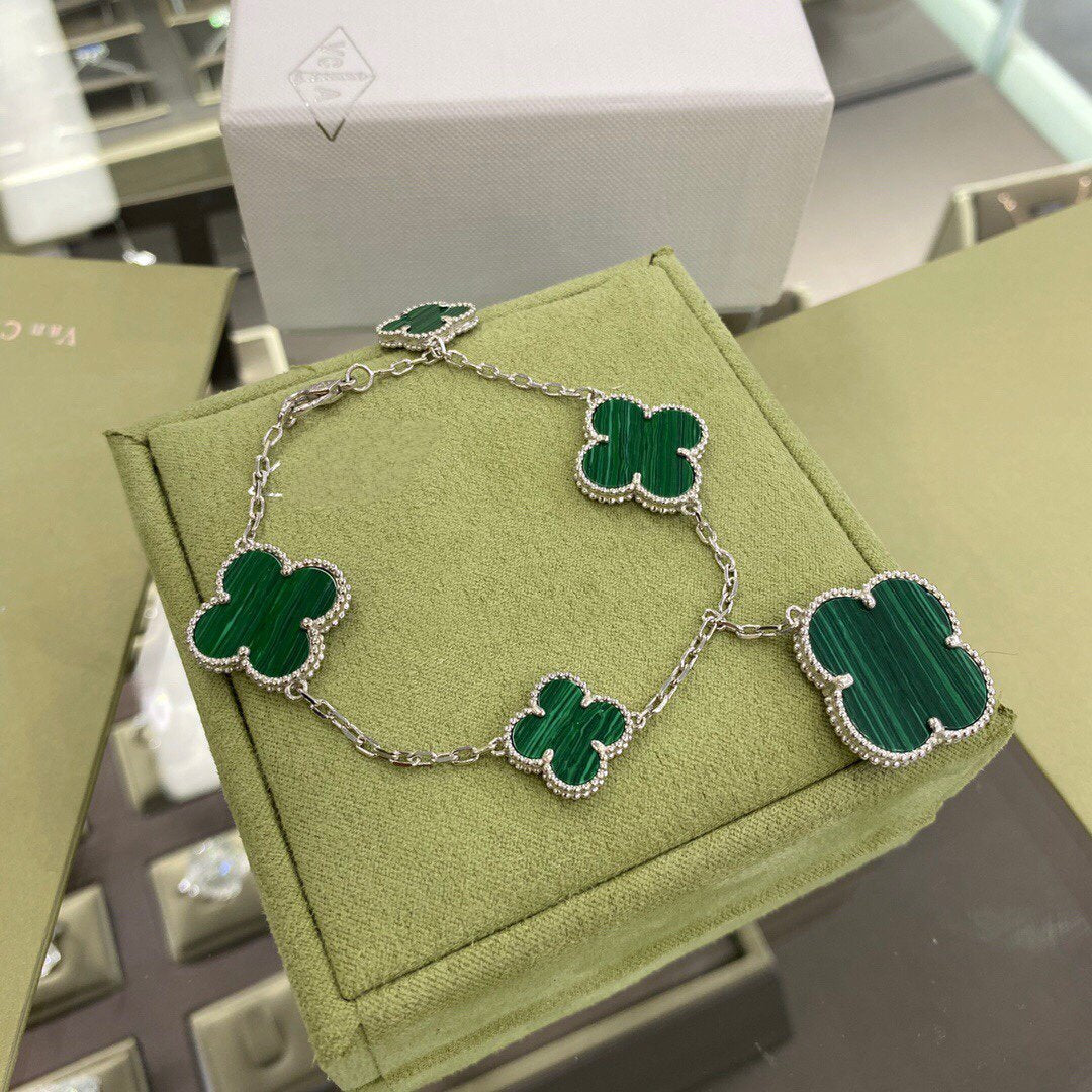 [Lora]CLOVER 5 MOTIFS SIVLER MALACHITE BRACELET
