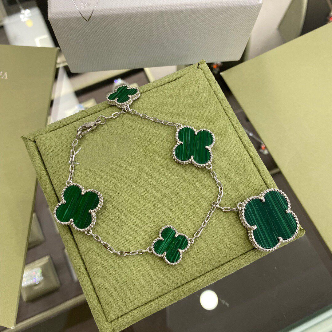 [Lora]CLOVER 5 MOTIFS SIVLER MALACHITE BRACELET