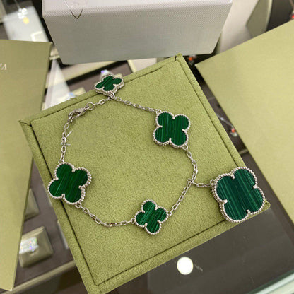 [LORA]CLOVER 5 MOTIFS SIVLER MALACHITE BRACELET