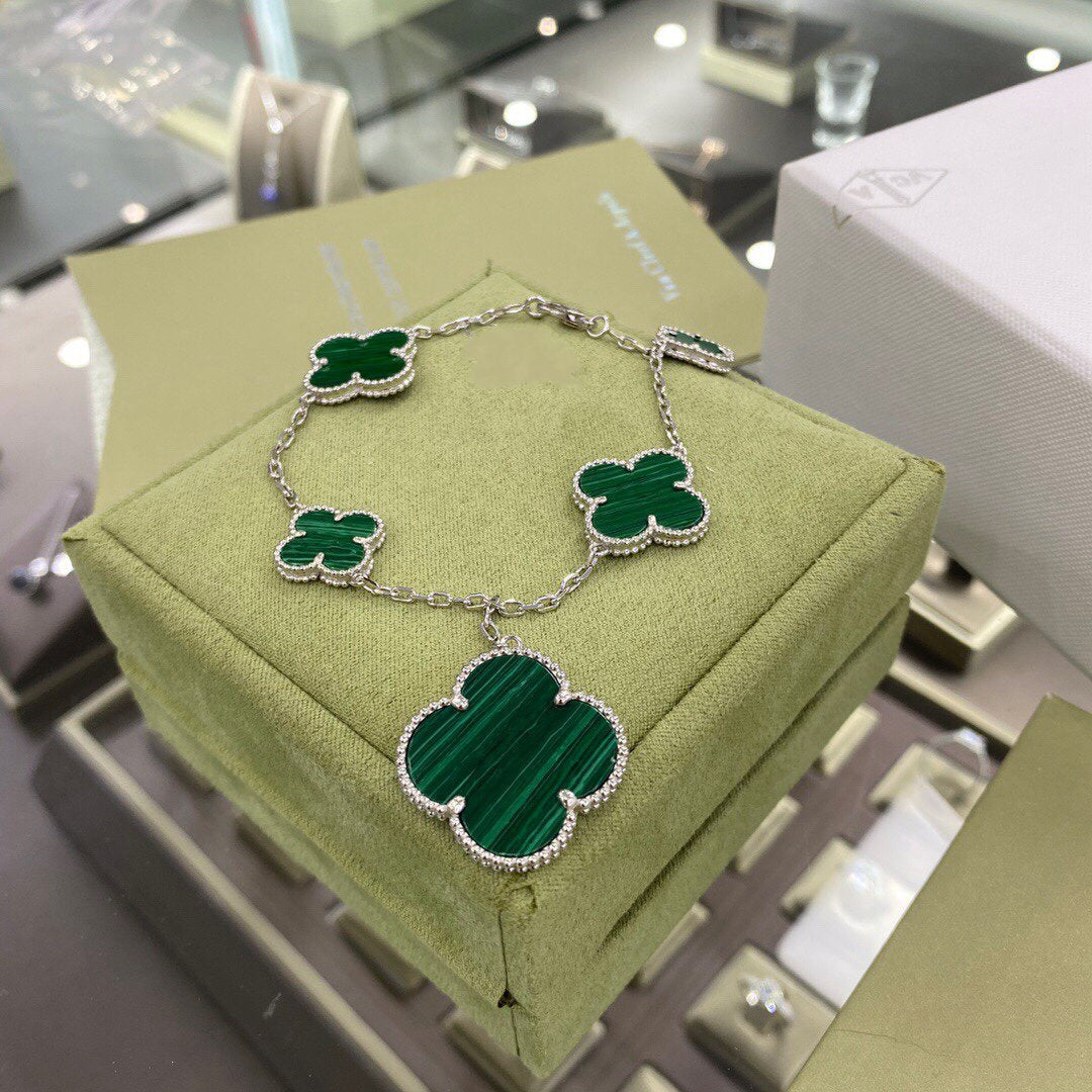 [Lora]CLOVER 5 MOTIFS SIVLER MALACHITE BRACELET