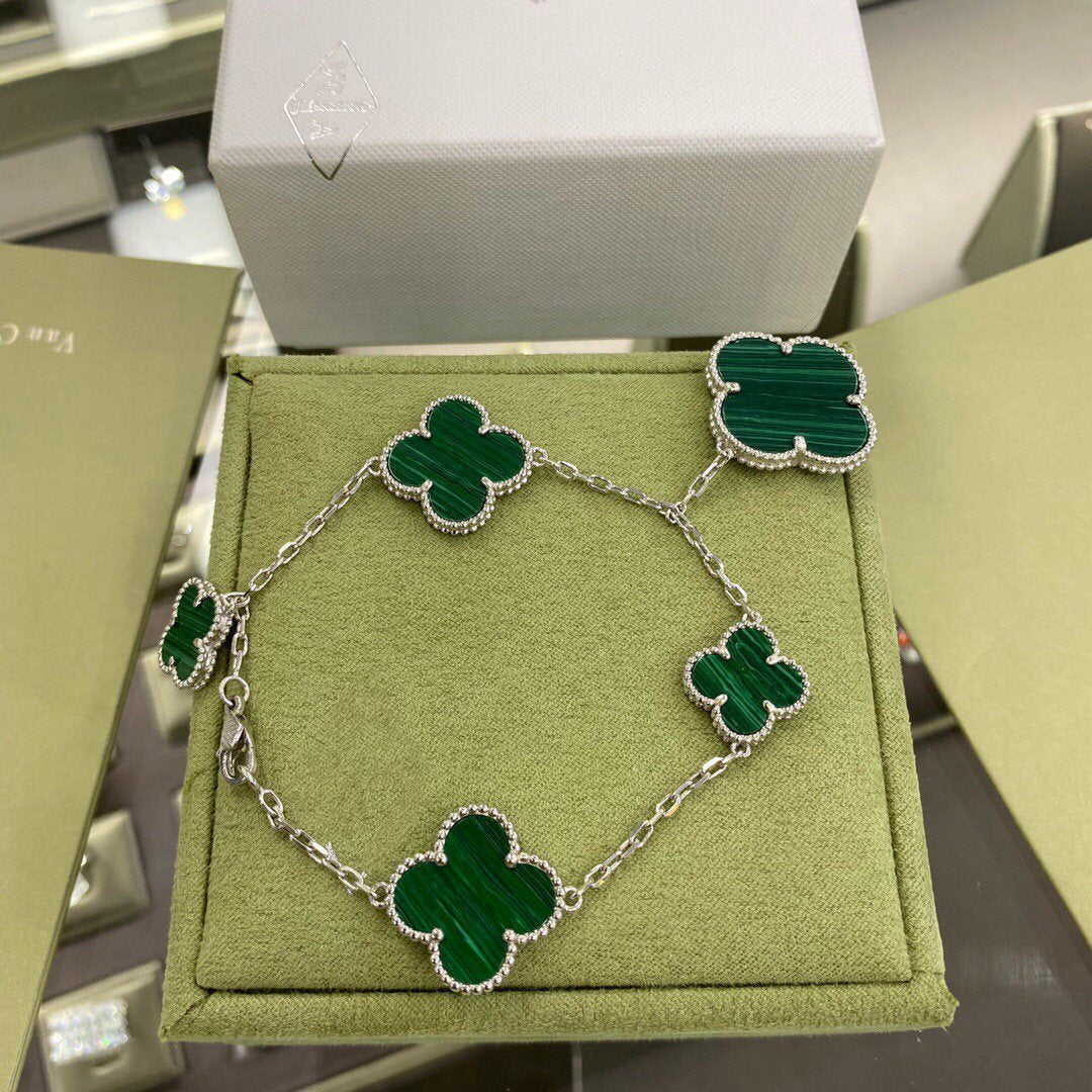 [Lora]CLOVER 5 MOTIFS SIVLER MALACHITE BRACELET
