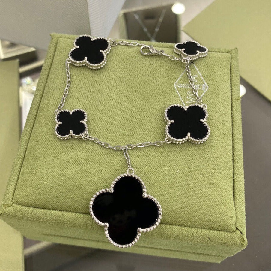 [Lora]CLOVER 5 MOTIFS SIVLER ONYX BRACELET