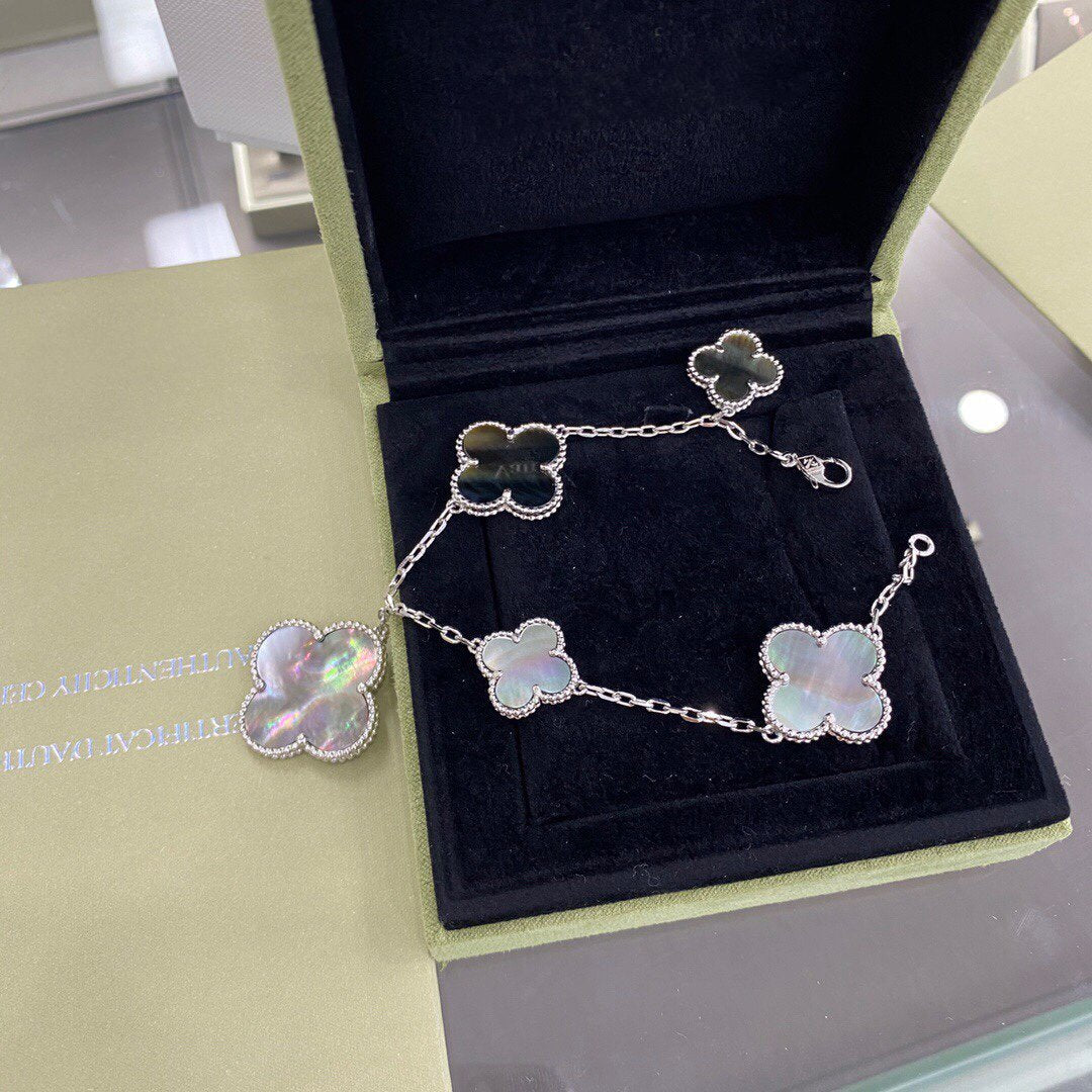 [Lora]CLOVER 5 MOTIFS SIVLER DARK MOP BRACELET