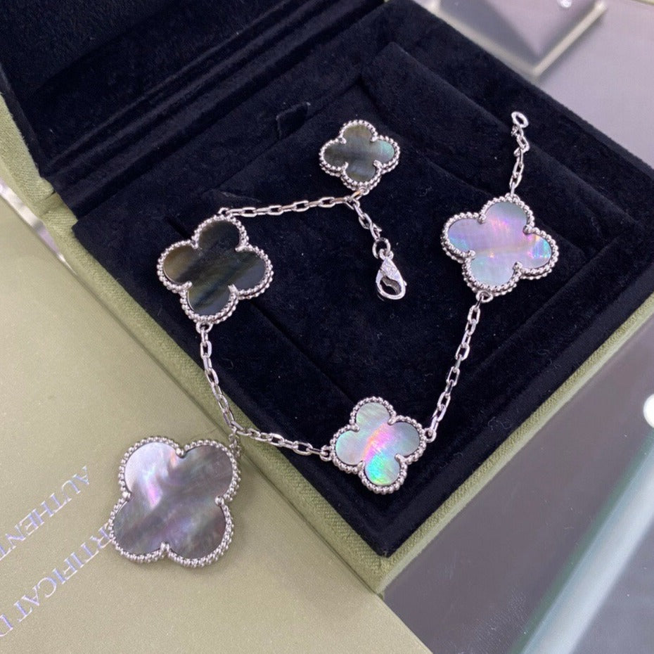 [Lora]CLOVER 5 MOTIFS SIVLER DARK MOP BRACELET