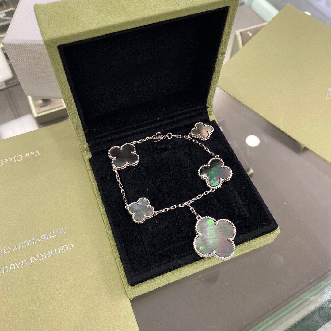 [Lora]CLOVER 5 MOTIFS SIVLER DARK MOP BRACELET