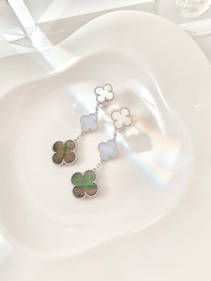 [Lora]CLOVER 3 MOTIFS CHALCEDONY DARK MOP SILVER EARRINGS