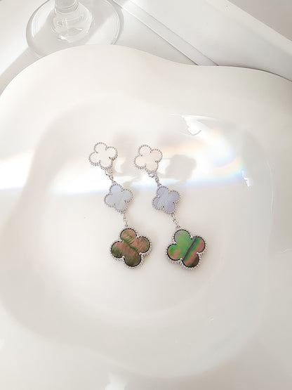 [Lora]CLOVER 3 MOTIFS CHALCEDONY DARK MOP SILVER EARRINGS