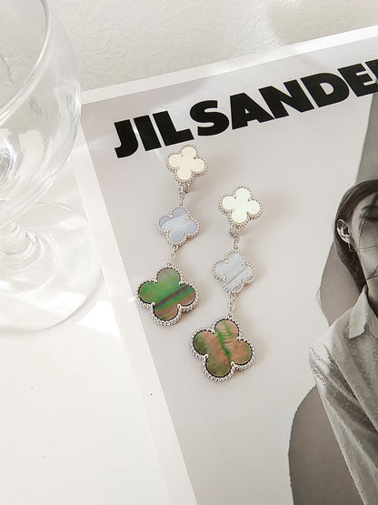 [Lora]CLOVER 3 MOTIFS CHALCEDONY DARK MOP SILVER EARRINGS