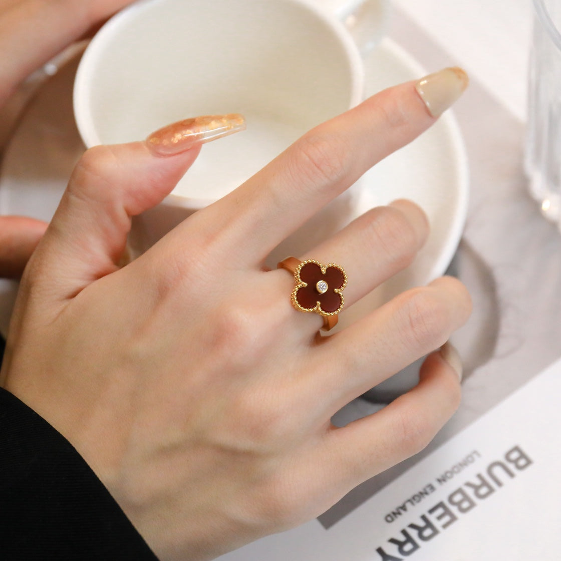 [Lora]CLOVER CARNELIAN RING ROSE GOLD DIAMOND