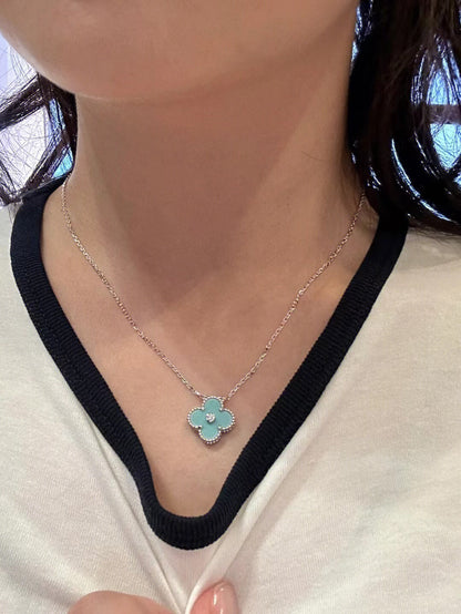 [LORA]CLOVER 1 DIAMOND LIGHT BLUE SILVER NECKLACE