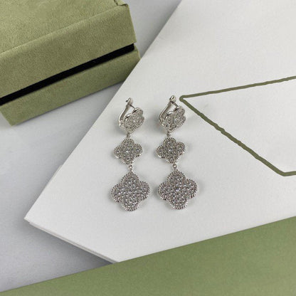 [Lora]CLOVER 3 MOTIF DIAMOND SILVER DROP EARRINGS