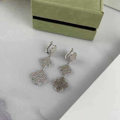 [Lora]CLOVER 3 MOTIF DIAMOND SILVER DROP EARRINGS