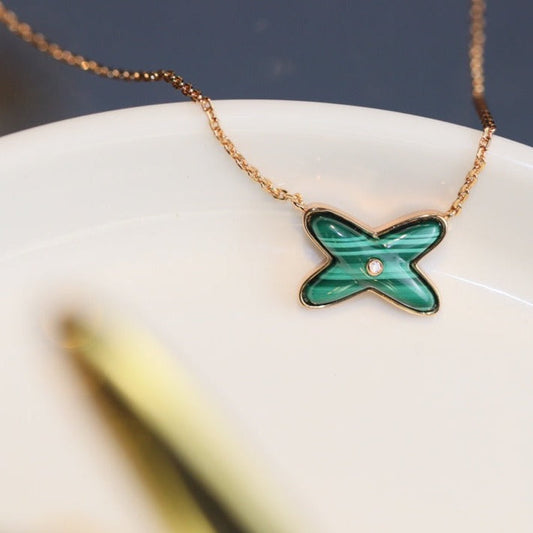 [LORA]JEUX MALACHITE 1 DIAMOND PINK GOLD NECKLACE