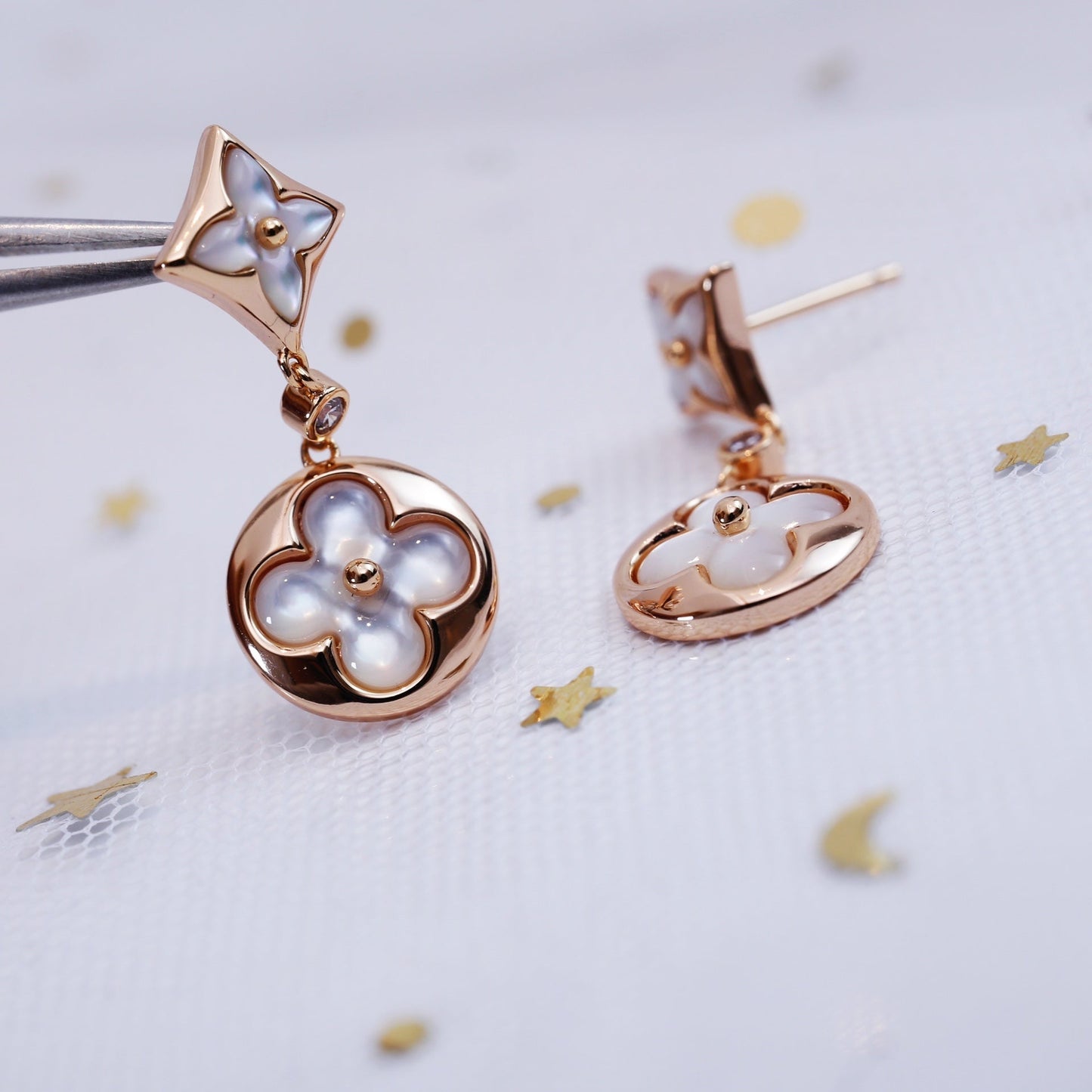 [LORA]STAR AND SUN PINK GOLD MOP DROP EARRINGS
