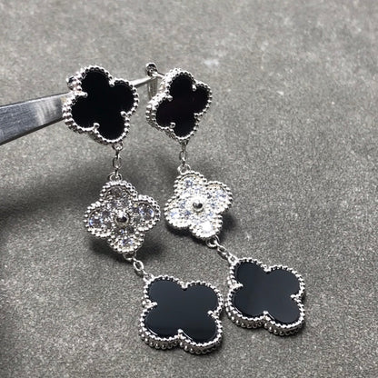 [Lora]CLOVER 3 MOTIF DIAMOND ONYX SILVER EARRINGS