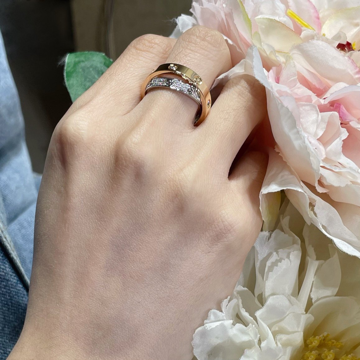 [LORA]LOVE PINK GOLD SILVER DIAMOND DOUBLE RING