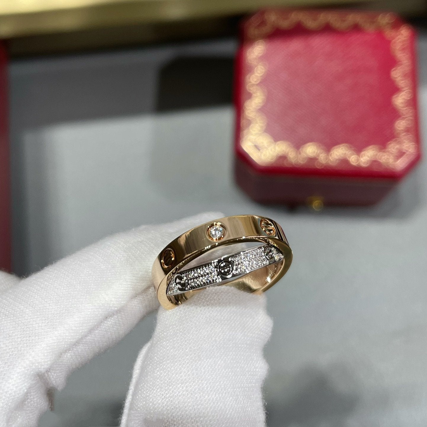 [LORA] LOVE PINK GOLD SILVER DIAMOND DOUBLE RING