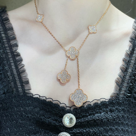 [LORA]CLOVER 6 MOTIF DIAMOND PAVED NECKLACE