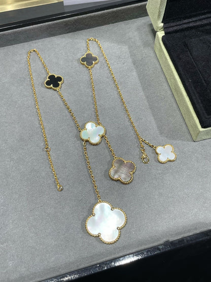 [LORA]CLOVER 6 MOTIF MOP ONYX GOLD NECKLACE