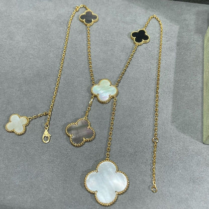 [LORA]CLOVER 6 MOTIF MOP ONYX GOLD NECKLACE