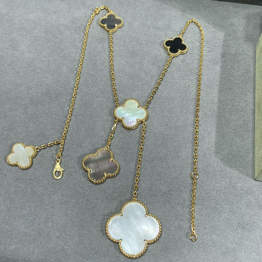 [LORA]CLOVER 6 MOTIF MOP ONYX GOLD NECKLACE