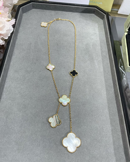 [LORA]CLOVER 6 MOTIF MOP ONYX GOLD NECKLACE