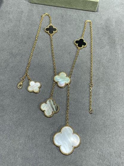 [LORA]CLOVER 6 MOTIF MOP ONYX GOLD NECKLACE