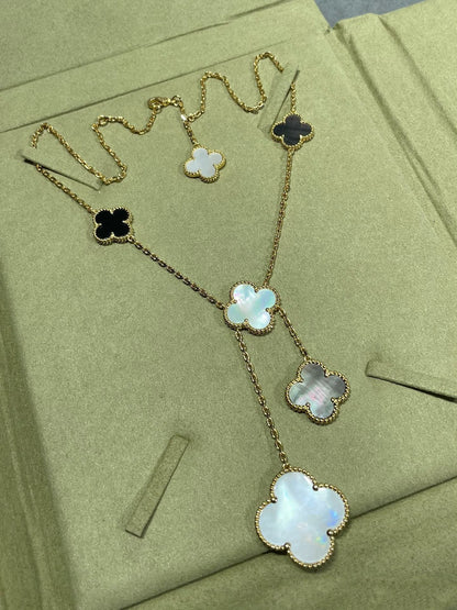 [LORA]CLOVER 6 MOTIF MOP ONYX GOLD NECKLACE
