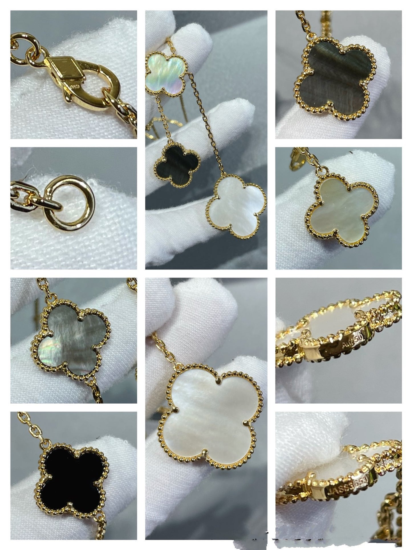 [Lora]CLOVER 6 MOTIF MOP ONYX GOLD NECKLACE