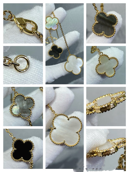 [Lora]CLOVER 6 MOTIF MOP ONYX GOLD NECKLACE