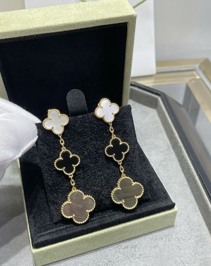 [Lora]CLOVER 3 MOTIF MOP ONYX DARK MOP PINK GOLD EARRINGS