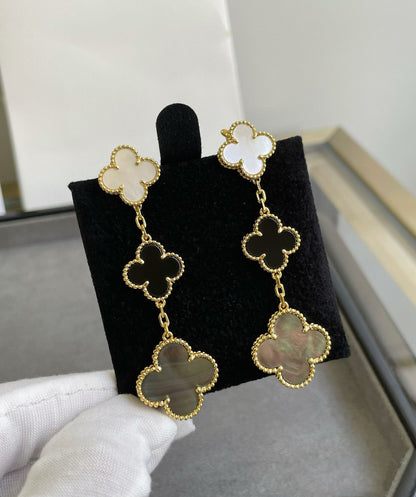 [Lora]CLOVER 3 MOTIF MOP ONYX DARK MOP PINK GOLD EARRINGS
