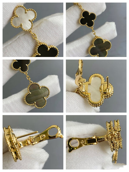 [Lora]CLOVER 3 MOTIF MOP ONYX DARK MOP PINK GOLD EARRINGS
