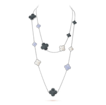 [LORA]CLOVER 16 MOTIF CHALCEDONY MOP SILVER NECKLACE