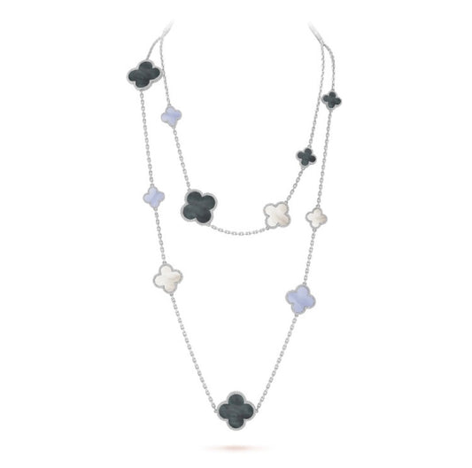 [LORA]CLOVER 16 MOTIF CHALCEDONY MOP SILVER NECKLACE
